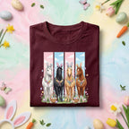 Easter Horse Shirt with Four Horses Wearing Bunny Ears, Floral Garland and Easter Eggs for Kids and Adults