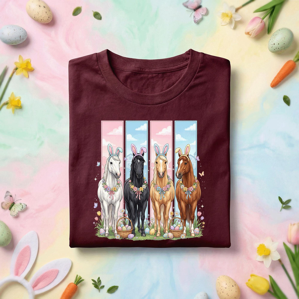 Easter Horse Shirt with Four Horses Wearing Bunny Ears, Floral Garland and Easter Eggs for Kids and Adults
