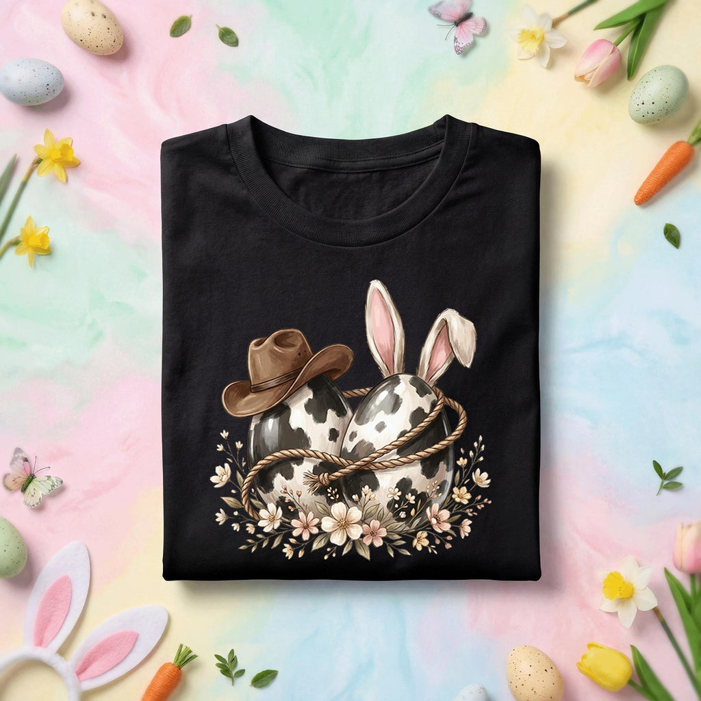 Western Easter Bunny Cow Print Eggs Shirt, Cowgirl Easter Tee with Cowboy Hat Bunny Ears, Rustic Country Spring Holiday Easter T-Shirt