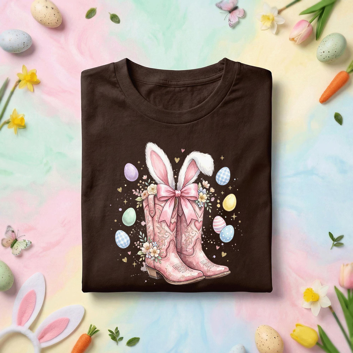 Pink Cowgirl Boots Easter Bunny Shirt, Western Bunny Ears Cowgirl Tee, Floral Easter Boots with Eggs, Spring Holiday T-shirt