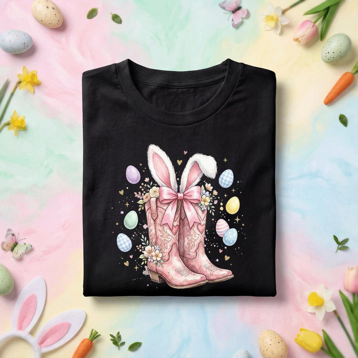 Pink Cowgirl Boots Easter Bunny Shirt, Western Bunny Ears Cowgirl Tee, Floral Easter Boots with Eggs, Spring Holiday T-shirt