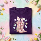 Pink Cowgirl Boots Easter Bunny Shirt, Western Bunny Ears Cowgirl Tee, Floral Easter Boots with Eggs, Spring Holiday T-shirt