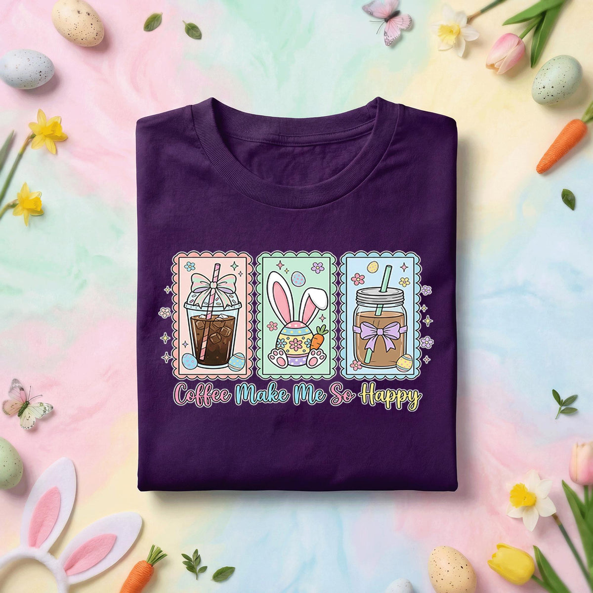 Coffee Makes Me So Happy Shirt, Spring Easter Bunny and Coffee Easter Tee, Cute Coffee & Bunny Design, Pastel Easter Shirt