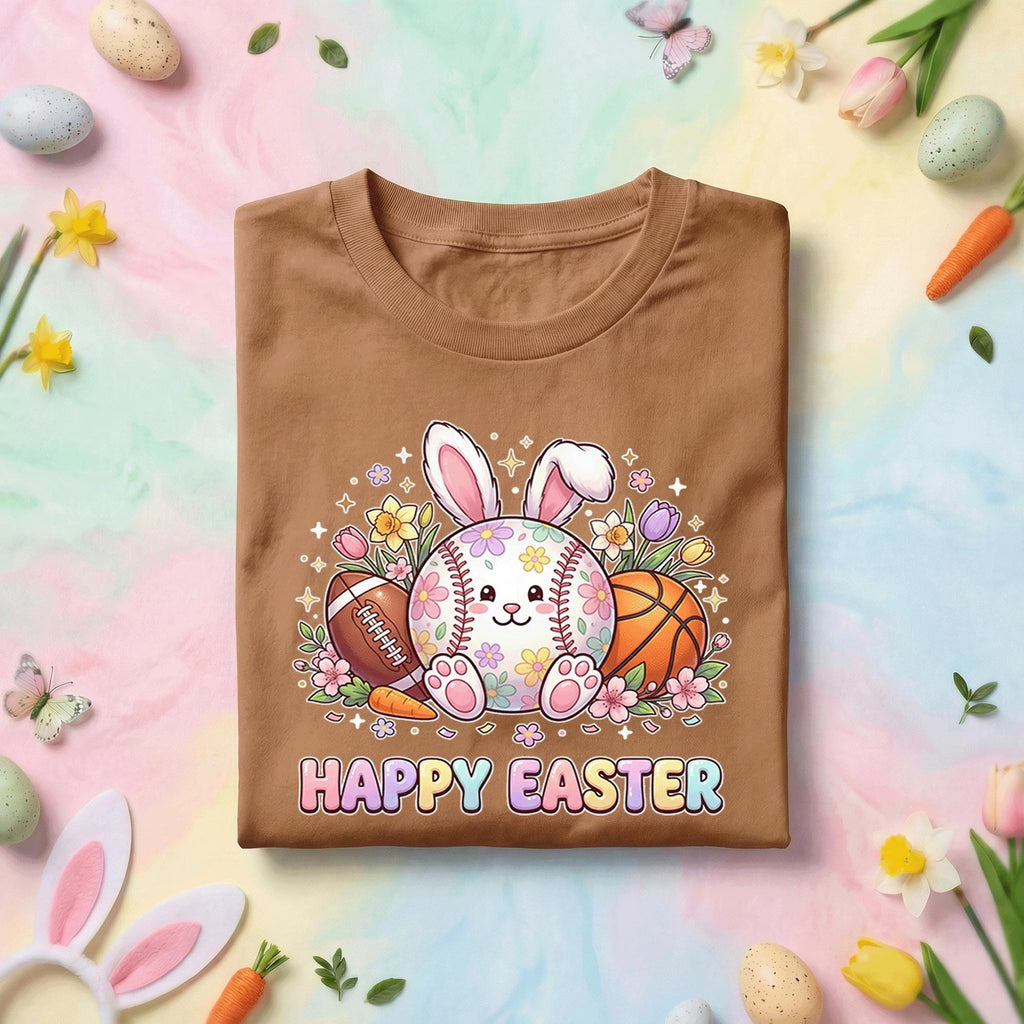 Happy Easter Sports Bunny Shirt, Cute Bunny with Baseball, Football, and Basketball, Fun Spring Easter Tee