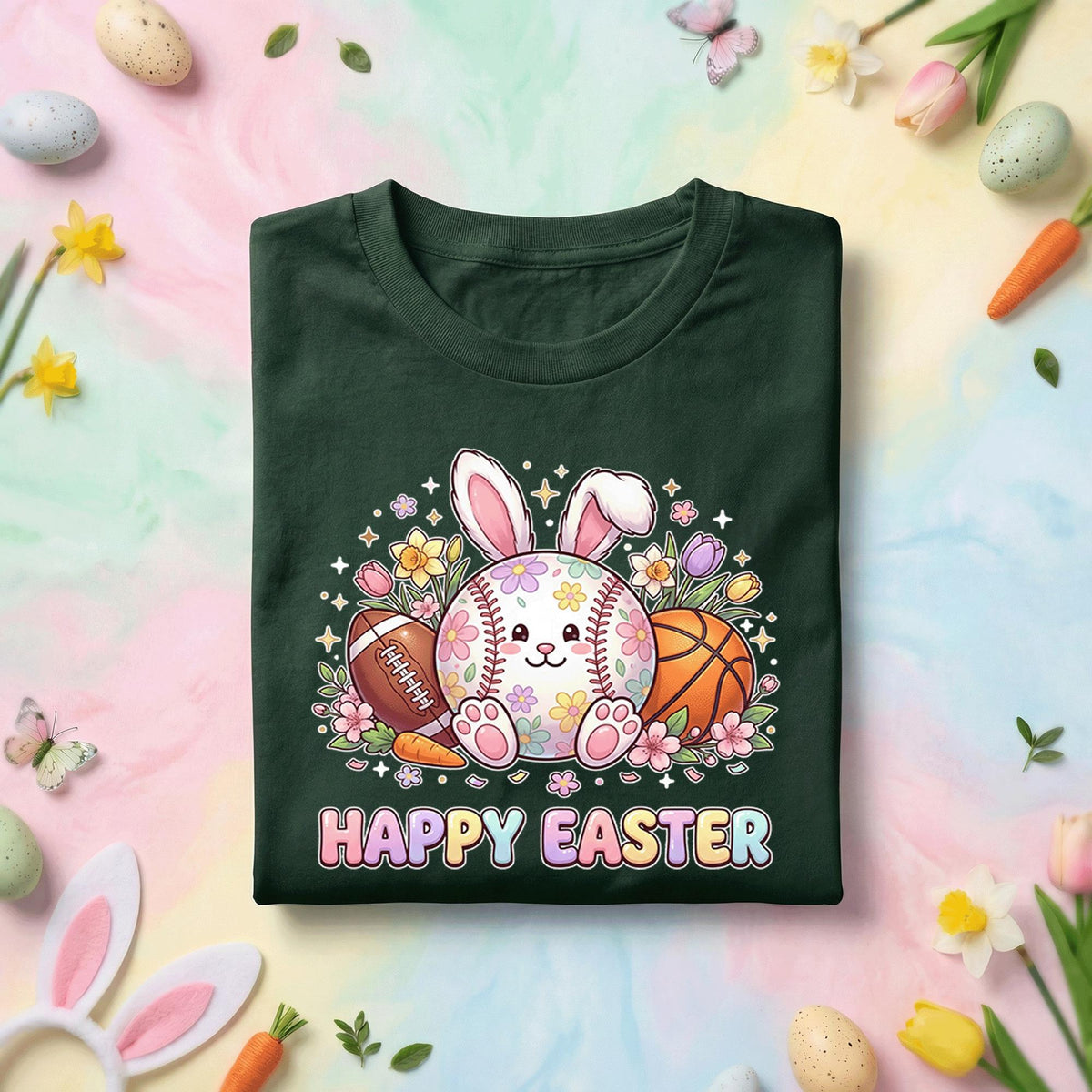 Happy Easter Sports Bunny Shirt, Cute Bunny with Baseball, Football, and Basketball, Fun Spring Easter Tee