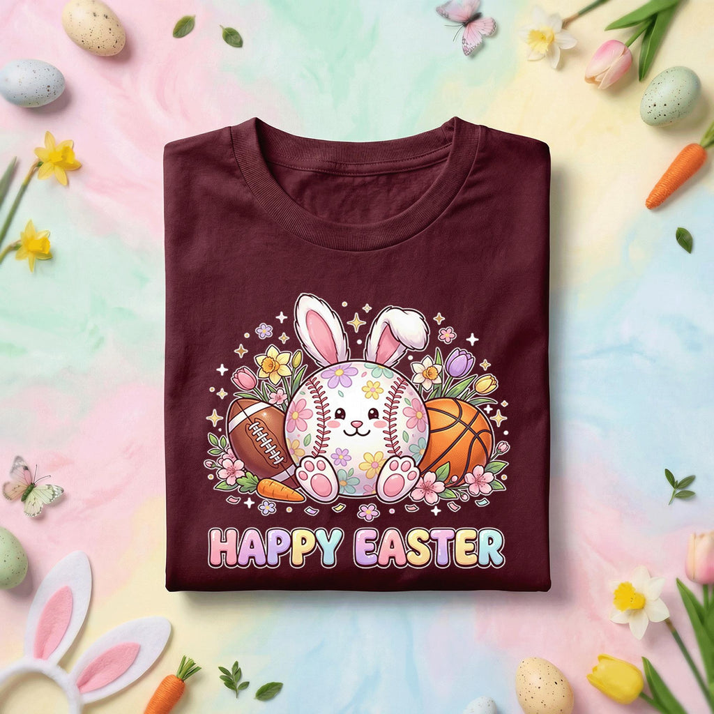 Happy Easter Sports Bunny Shirt, Cute Bunny with Baseball, Football, and Basketball, Fun Spring Easter Tee