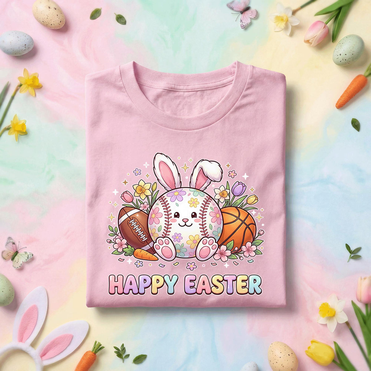 Happy Easter Sports Bunny Shirt, Cute Bunny with Baseball, Football, and Basketball, Fun Spring Easter Tee