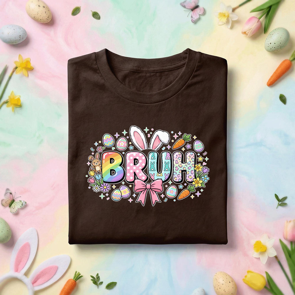Bruh Easter Bunny Shirt Youth Boys Kids Men, Funny Easter Tee, Rainbow “Bruh” with Bunny Ears and Easter Eggs, Cute Spring Shirt