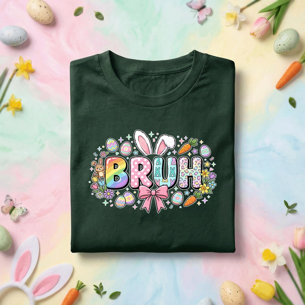 Bruh Easter Bunny Shirt Youth Boys Kids Men, Funny Easter Tee, Rainbow “Bruh” with Bunny Ears and Easter Eggs, Cute Spring Shirt