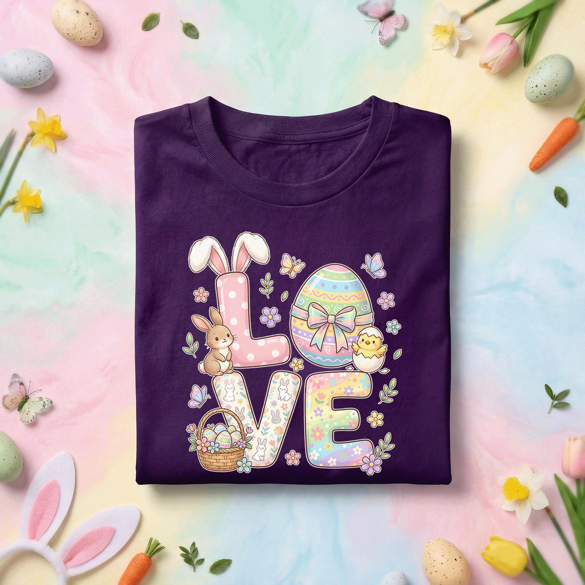LOVE Easter Bunny and Egg Shirt, Cute Spring Bunny and Chick Tee, Pastel Holiday Easter Basket Shirt for Kids and Adults