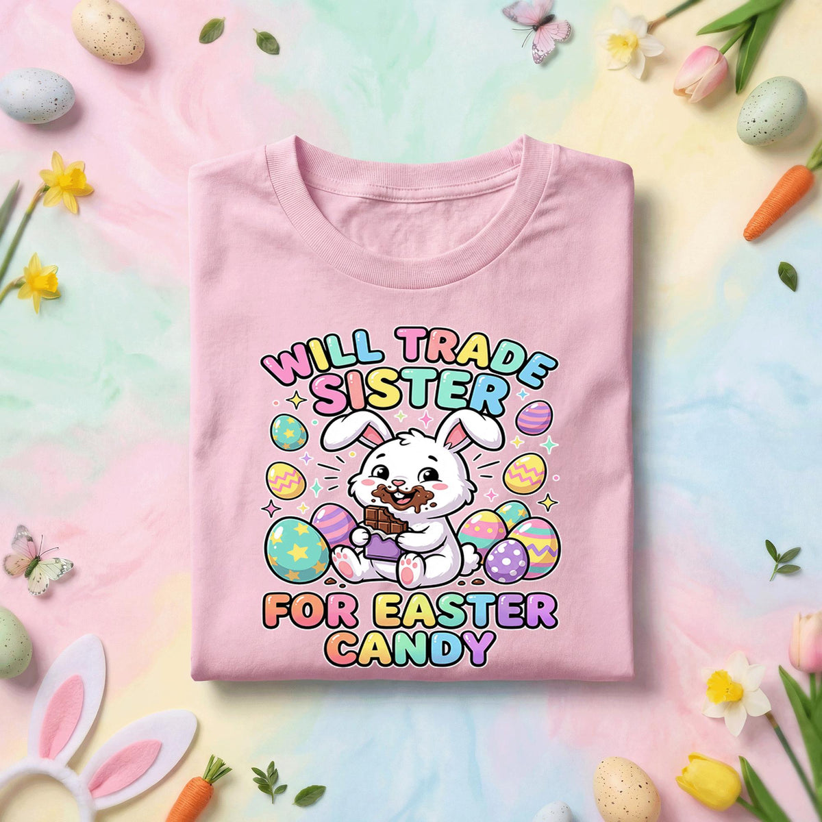 Will Trade Sister for Easter Candy Shirt, Funny Bunny Kids Tee, Cute Easter Eggs and Chocolate Holiday Shirt