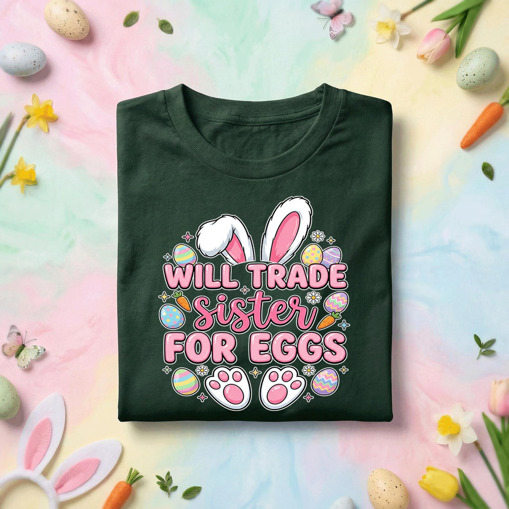 Will Trade Sister for Eggs Shirt Family, Funny Easter Sister Tee, Cute Bunny Ears and Eggs Kids Spring Holiday Shirt