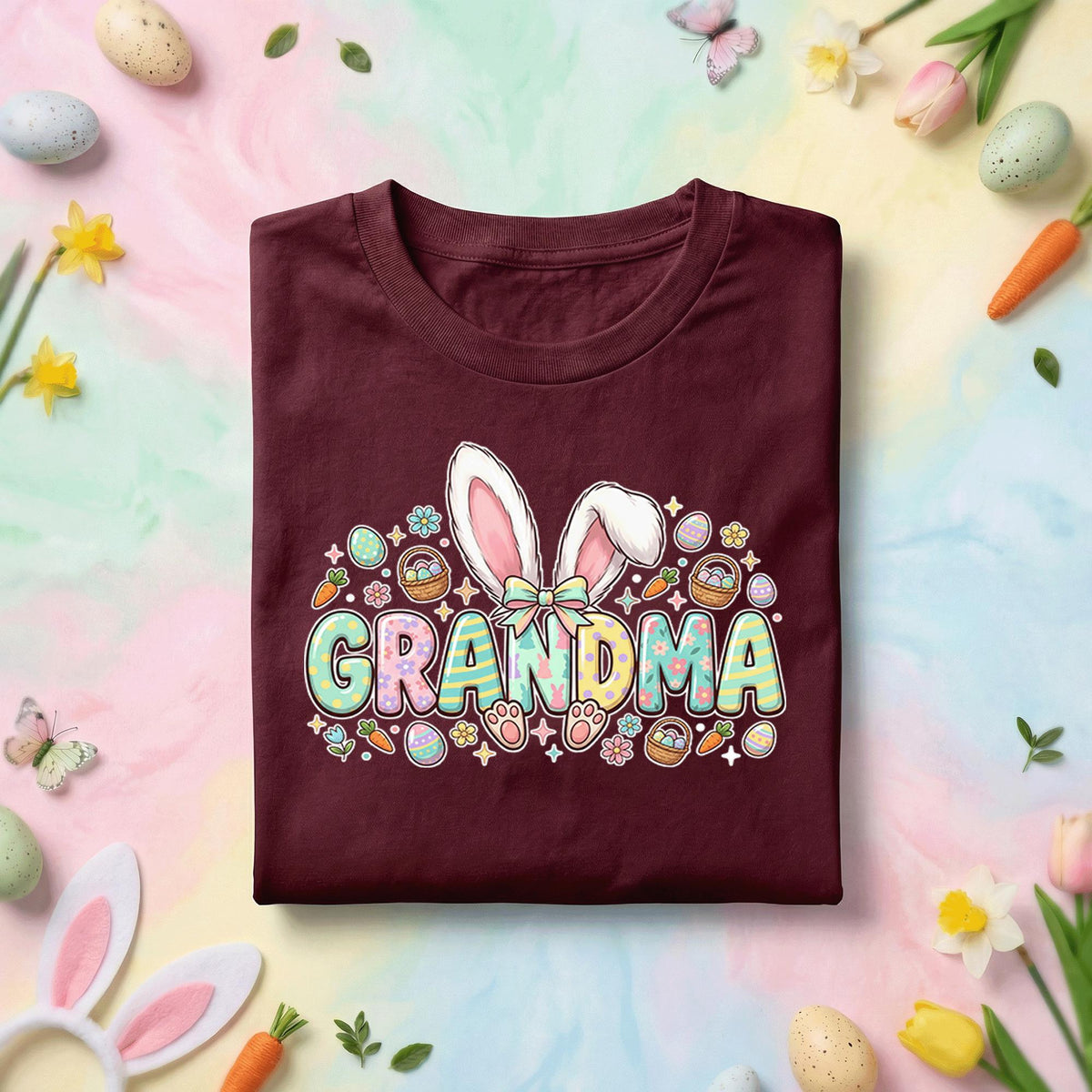 Grandma Easter Bunny Shirt, Cute Spring Holiday Tee, Pastel Easter Eggs and Bunny Ears Grandma Gift Shirt