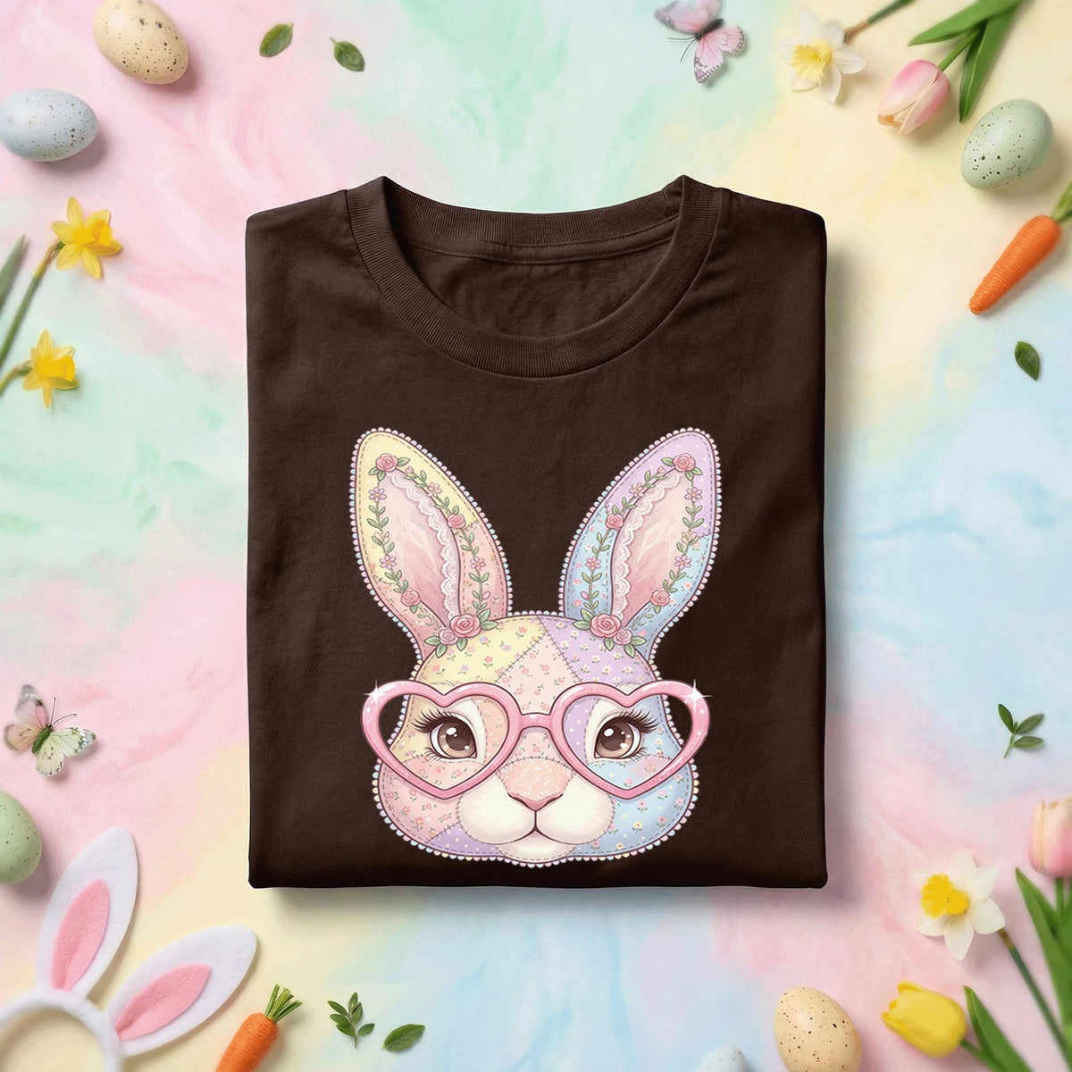 Cute Bunny Face Easter Shirt Women Girls, Pastel Patchwork Bunny with Heart Glasses Easter Tee, Kids and Adults Spring Holiday Shirt