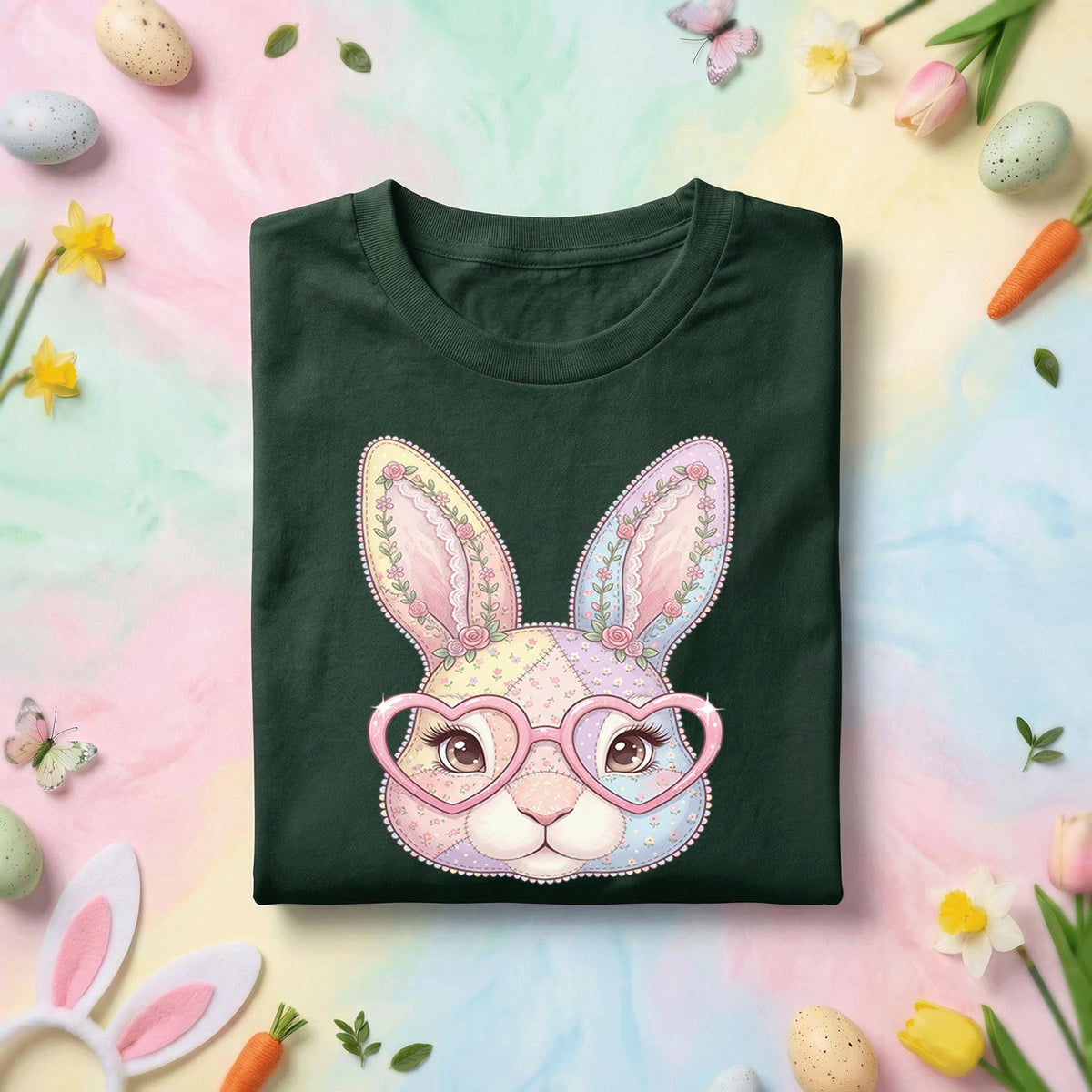 Cute Bunny Face Easter Shirt Women Girls, Pastel Patchwork Bunny with Heart Glasses Easter Tee, Kids and Adults Spring Holiday Shirt