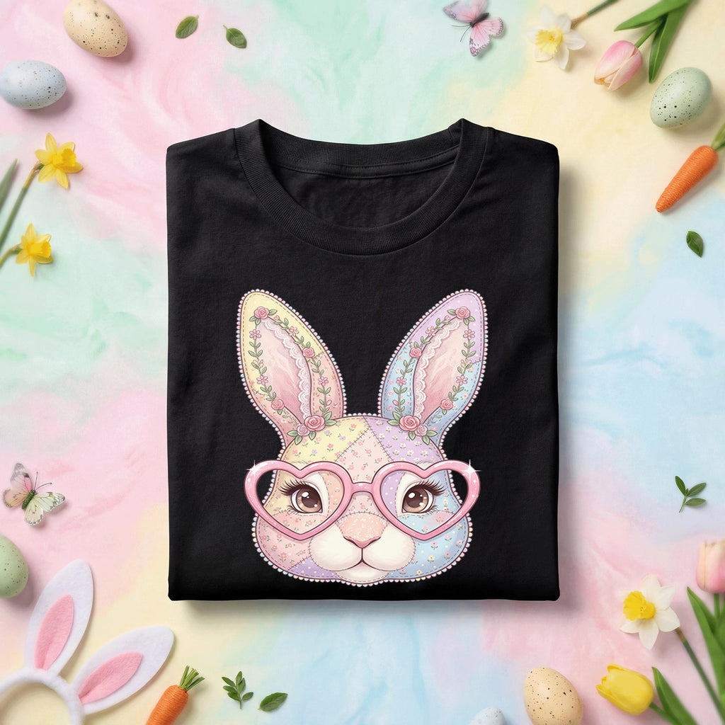Cute Bunny Face Easter Shirt Women Girls, Pastel Patchwork Bunny with Heart Glasses Easter Tee