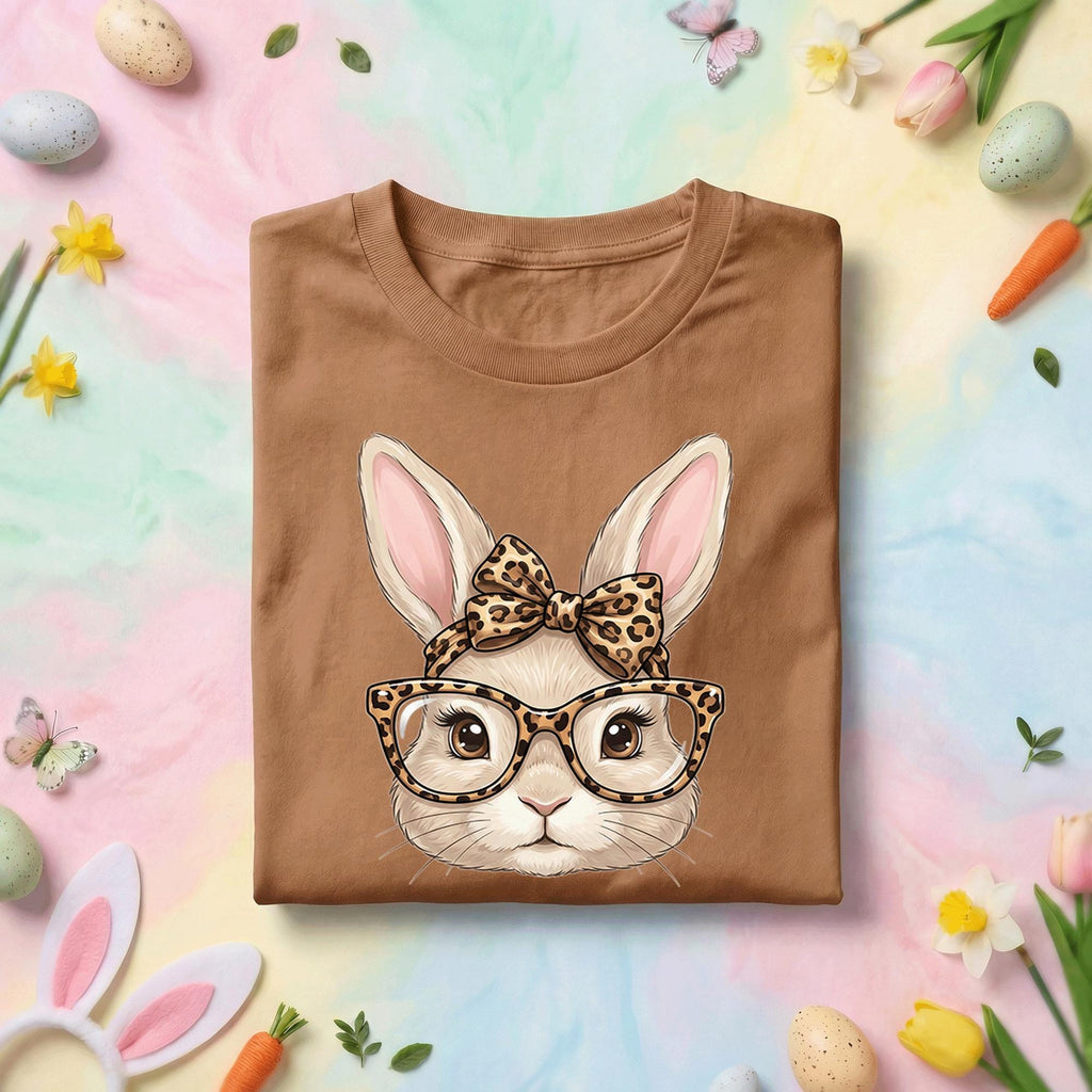 Cute Bunny Face Easter Shirt Women Girls, Leopard Print Glasses and Bow Easter Tee, Kids and Adults Spring Holiday Shirt