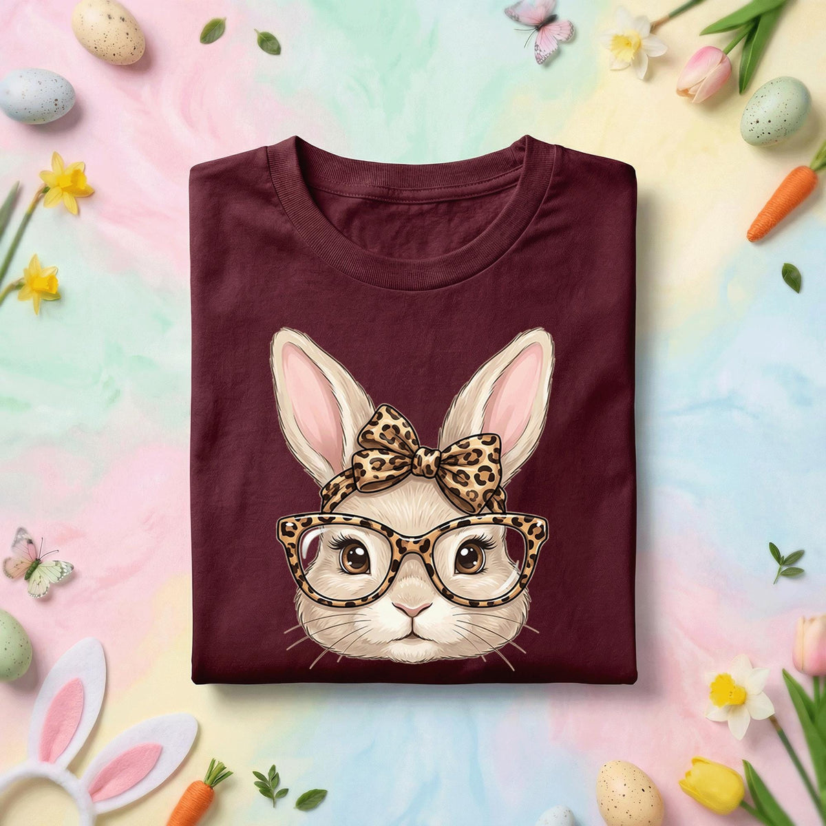 Cute Bunny Face Easter Shirt Women Girls, Leopard Print Glasses and Bow Easter Tee, Kids and Adults Spring Holiday Shirt