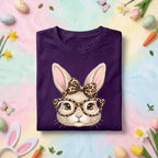 Cute Bunny Face Easter Shirt Women Girls, Leopard Print Glasses and Bow Easter Tee, Kids and Adults Spring Holiday Shirt