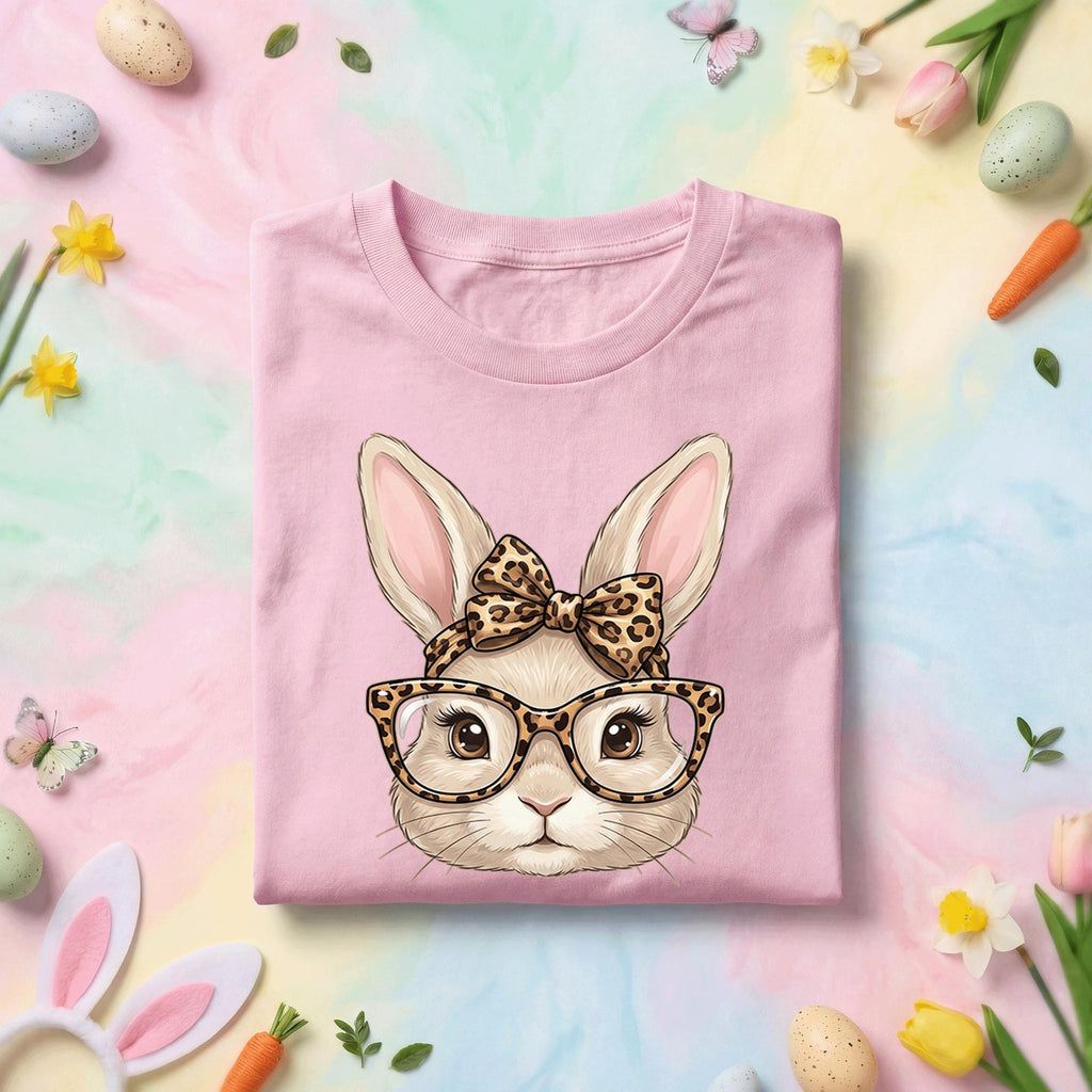 Cute Bunny Face Easter Shirt Women Girls, Leopard Print Glasses and Bow Easter Tee, Kids and Adults Spring Holiday Shirt