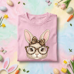 Cute Bunny Face Easter Shirt Women Girls, Leopard Print Glasses and Bow Easter Tee, Kids and Adults Spring Holiday Shirt