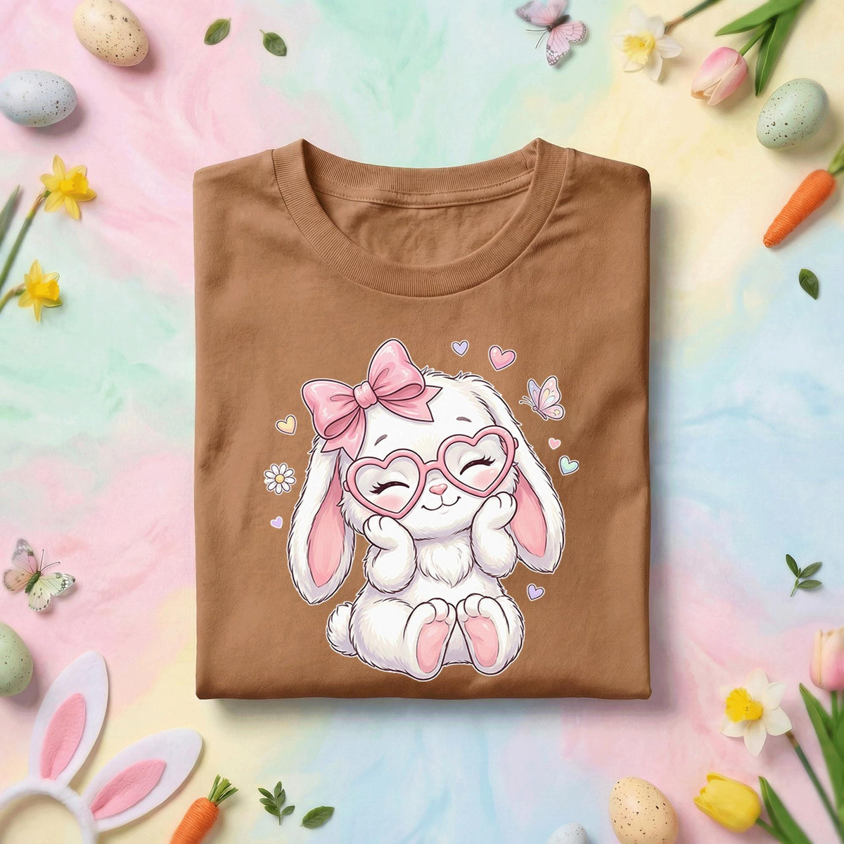 Cute Easter Bunny Shirt Women Girls, Pink Bow & Heart Glasses Bunny Tee for Kids snd Adults