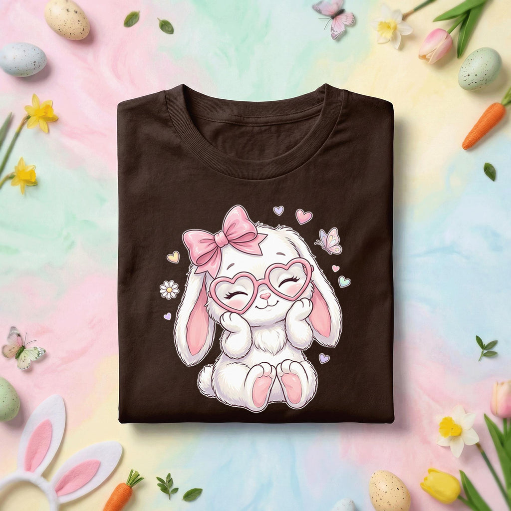 Cute Easter Bunny Shirt Women Girls, Pink Bow & Heart Glasses Bunny Tee for Kids snd Adults