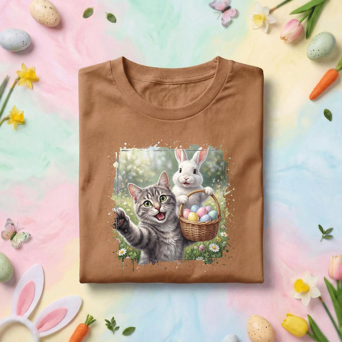 Cute Easter Cat and Bunny Shirt, Easter Egg Basket Cat Lover Tee, Funny Spring Easter Bunny Graphic Shirt, Cat Lover Holiday Gift Tee