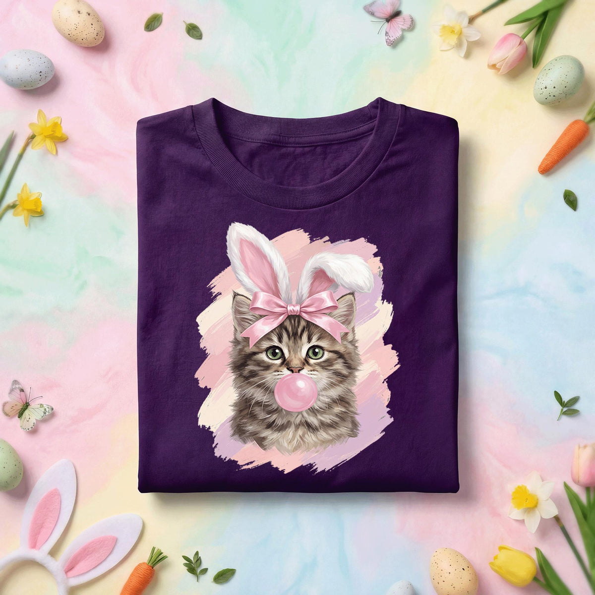 Cute Easter Bunny Cat Shirt, Kitten With Bunny Ears Bubblegum Tee, Funny Cat Lover Easter Shirt, Pastel Spring Holiday Graphic Tee