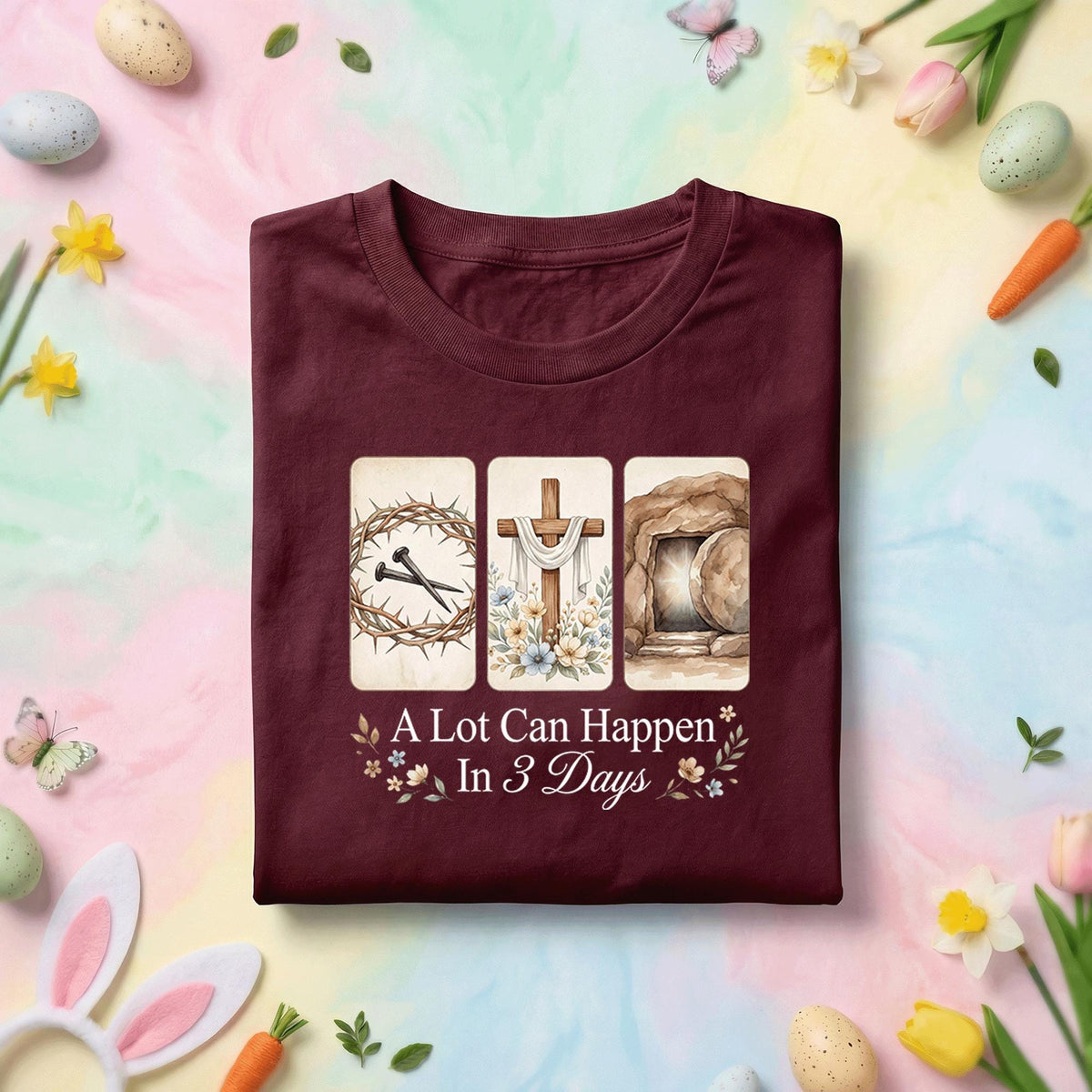 Christian Easter Resurrection Shirt A Lot Can Happen In 3 Days, Crown of Thorns Cross Empty Tomb Faith Tee, Religious Easter Church Gift