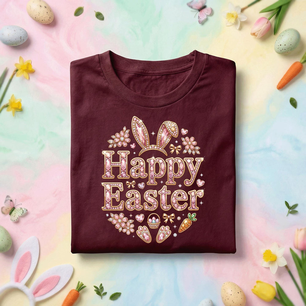 Happy Easter Bunny Shirt, Cute Pink Sparkle Easter Bunny Ears Tee, Girly Easter Graphic Shirt, Spring Holiday Easter Gift Tee