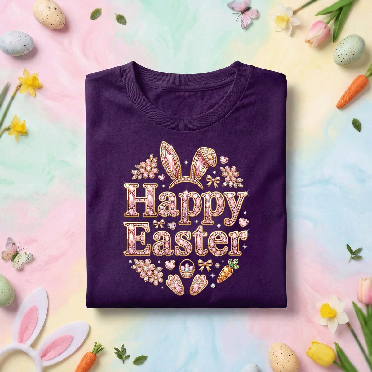 Happy Easter Bunny Shirt, Cute Pink Sparkle Easter Bunny Ears Tee, Girly Easter Graphic Shirt, Spring Holiday Easter Gift Tee