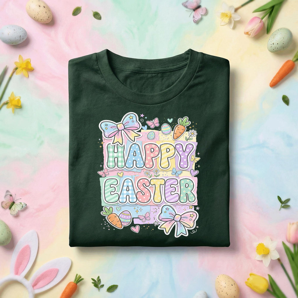 Happy Easter Pastel Bunny Shirt, Cute Easter Bow Bunny Graphic Tee, Kawaii Spring Easter Shirt, Egg Hunt Holiday Gift Tee