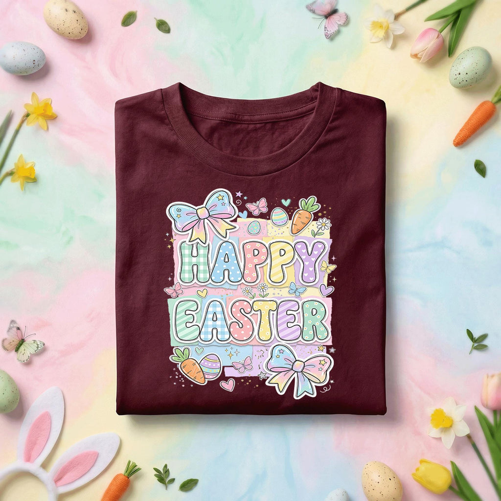 Happy Easter Pastel Bunny Shirt, Cute Easter Bow Bunny Graphic Tee, Kawaii Spring Easter Shirt, Egg Hunt Holiday Gift Tee