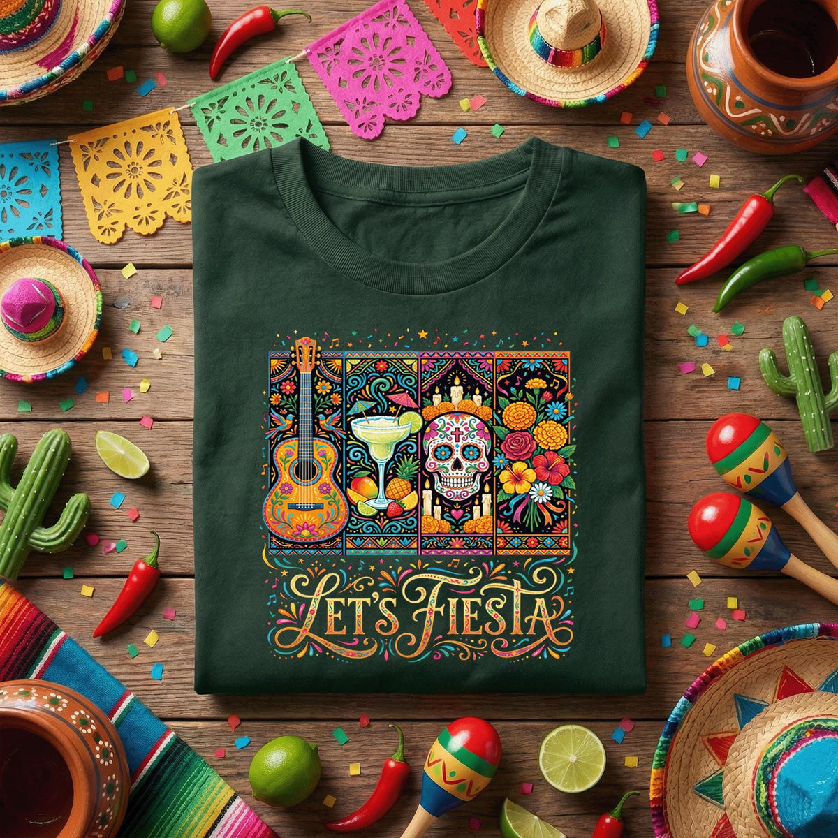 Lets Fiesta Mexican Party Shirt, Cinco de Mayo Celebration T Shirt, Sugar Skull Margarita Guitar Tee, Colorful Fiesta Festival Shirt