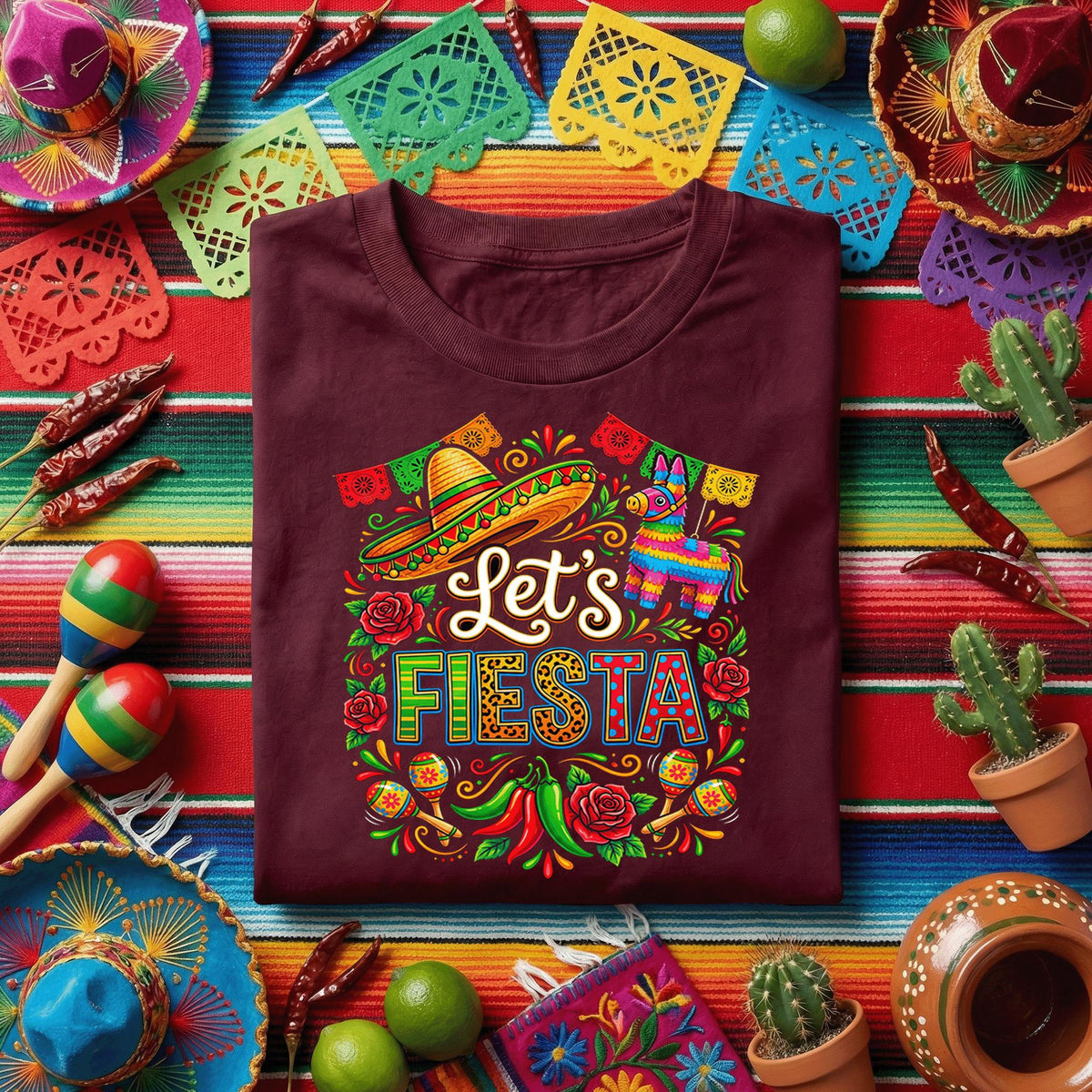 Lets Fiesta Mexican Party Shirt, Cinco de Mayo Fiesta T Shirt, Sombrero Pinata Maracas Tee, Colorful Mexican Celebration Shirt