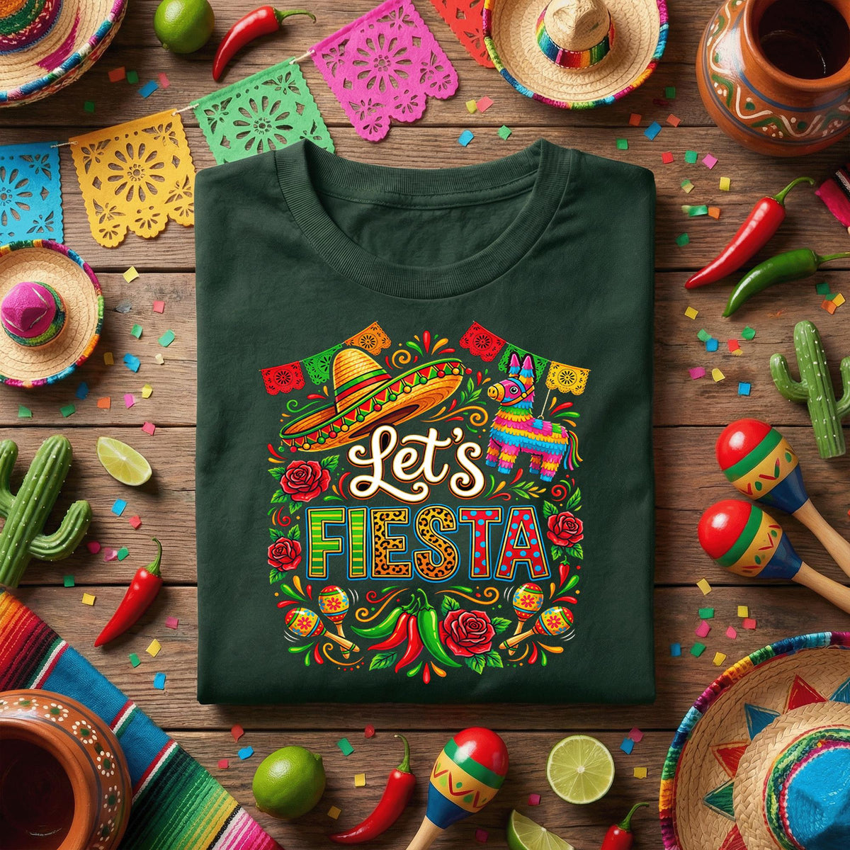 Lets Fiesta Mexican Party Shirt, Cinco de Mayo Fiesta T Shirt, Sombrero Pinata Maracas Tee, Colorful Mexican Celebration Shirt