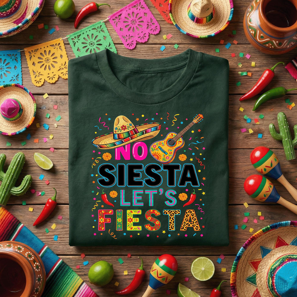 No Siesta Lets Fiesta Cinco de Mayo Shirt, Funny Mexican Fiesta Party T Shirt, Sombrero Guitar Celebration Tee Gift