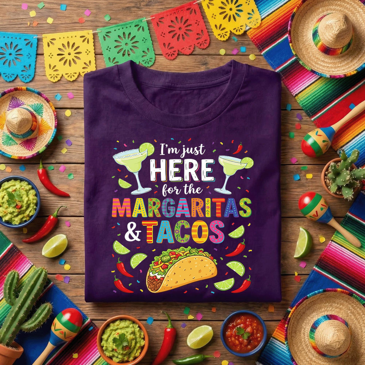 I'm Just Here For Margaritas And Tacos Shirt, Funny Cinco de Mayo Party T Shirt, Taco Lover Margarita Fiesta Tee Gift