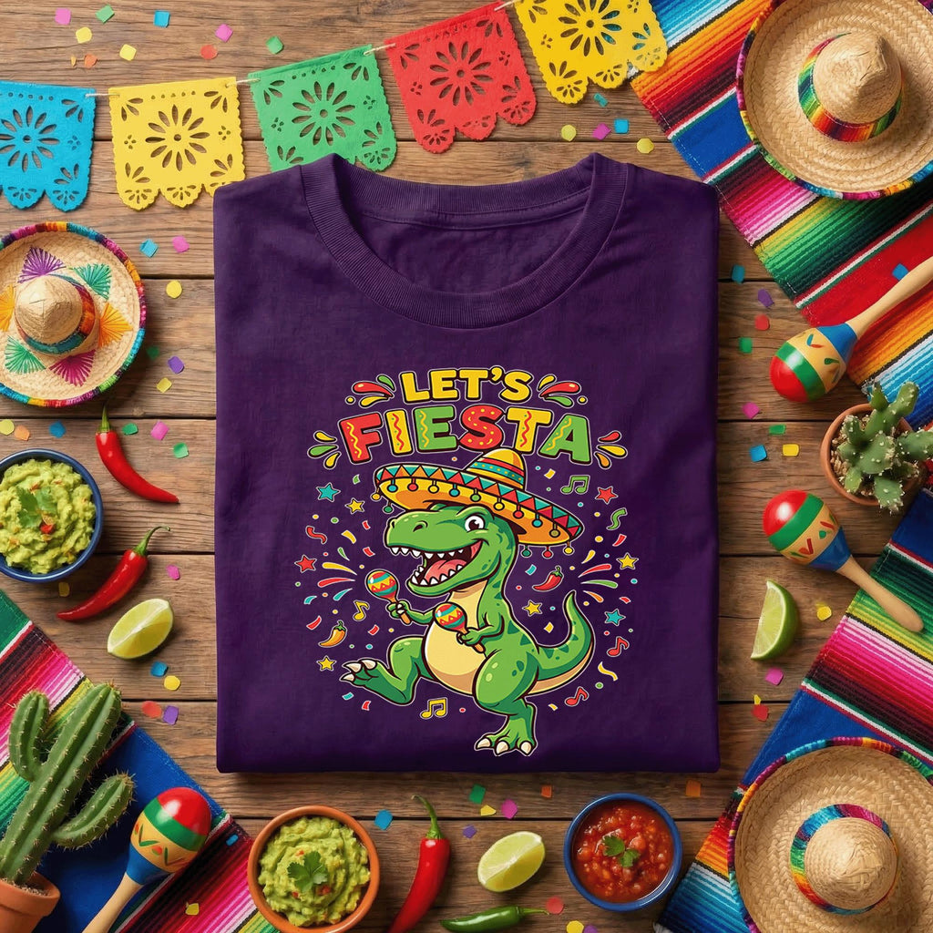 Let’s Fiesta Dinosaur Shirt Funny Cinco de Mayo T Rex T Shirt, Cute Fiesta Dino with Sombrero and Maracas Party Tee
