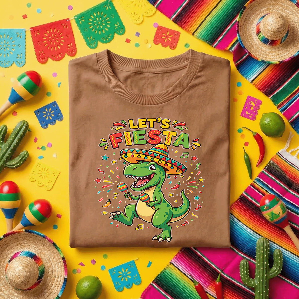 Let’s Fiesta Dinosaur Shirt Funny Cinco de Mayo T Rex T Shirt, Cute Fiesta Dino with Sombrero and Maracas Party Tee