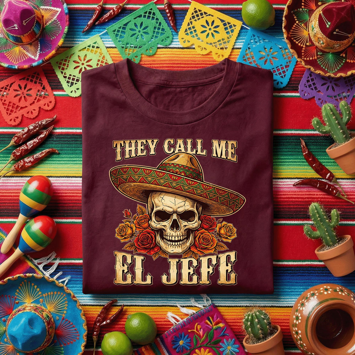 They Call Me El Jefe Skull Shirt Funny Cinco De Mayo Shirt, Mexican Skull Sombrero Shirt, Day of the Dead Fiesta Tee