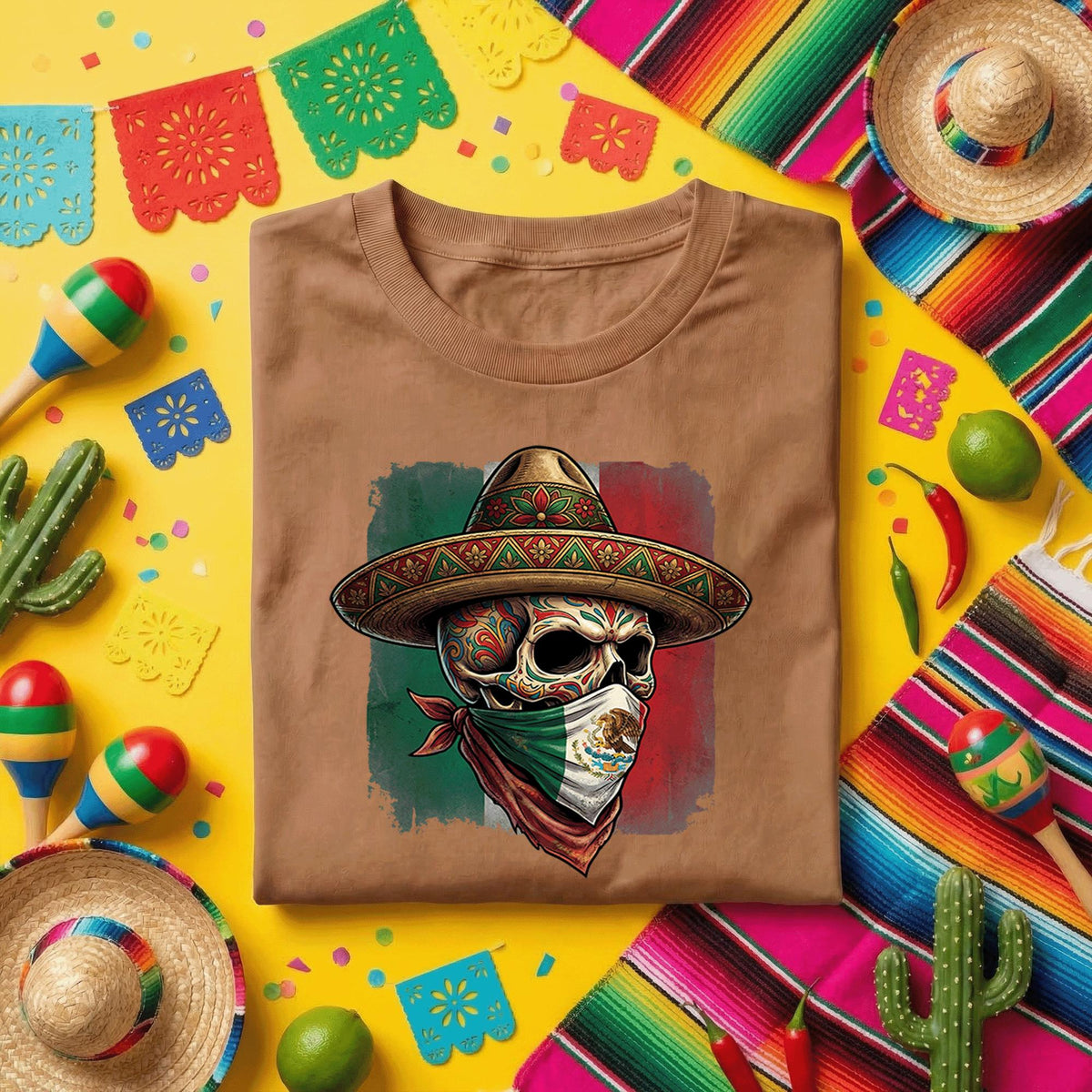 Mexican Skull Bandana Shirt Cinco De Mayo Sugar Skull Tee, Mexican Flag Skull Sombrero Shirt, Day of the Dead Fiesta Tee