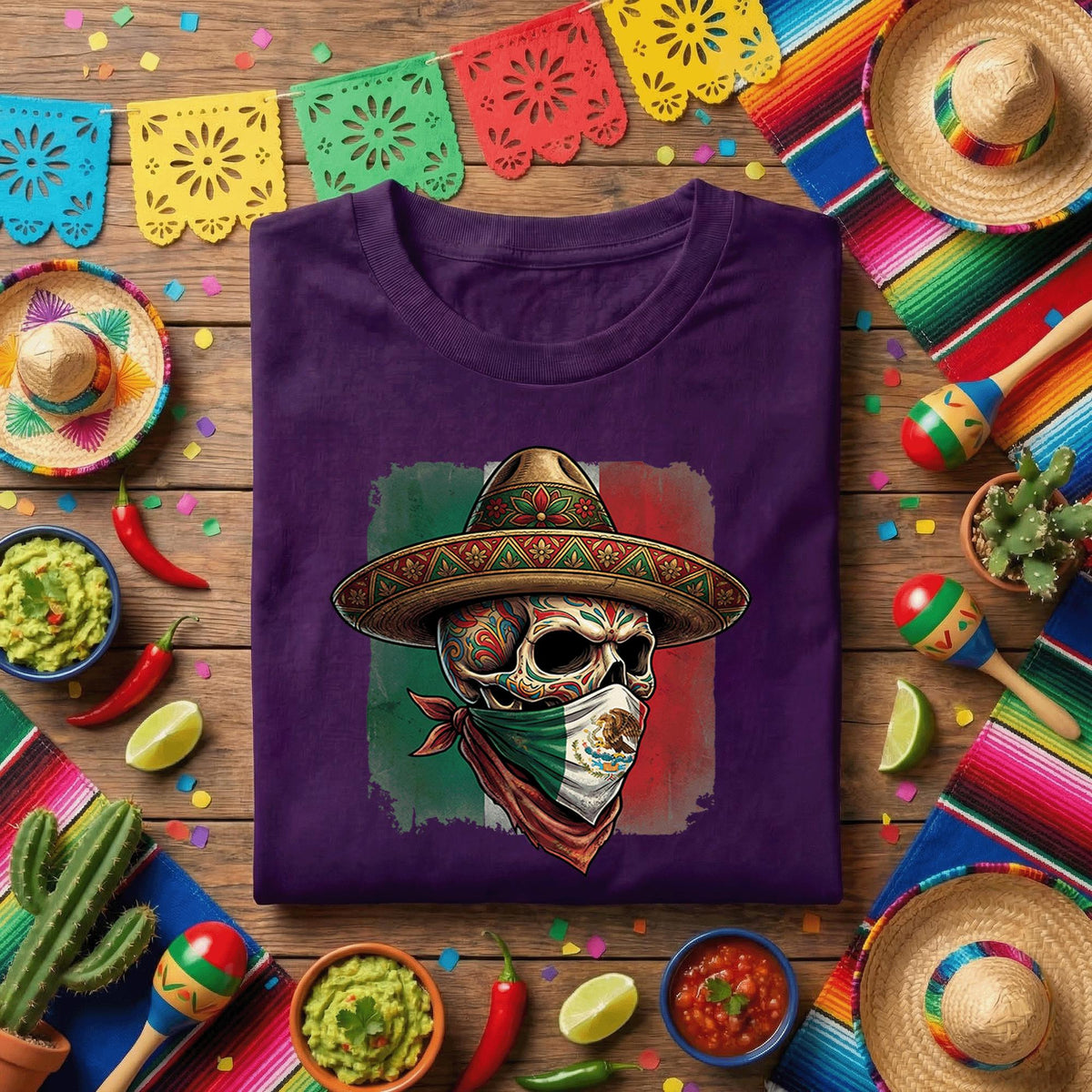 Mexican Skull Bandana Shirt Cinco De Mayo Sugar Skull Tee, Mexican Flag Skull Sombrero Shirt, Day of the Dead Fiesta Tee