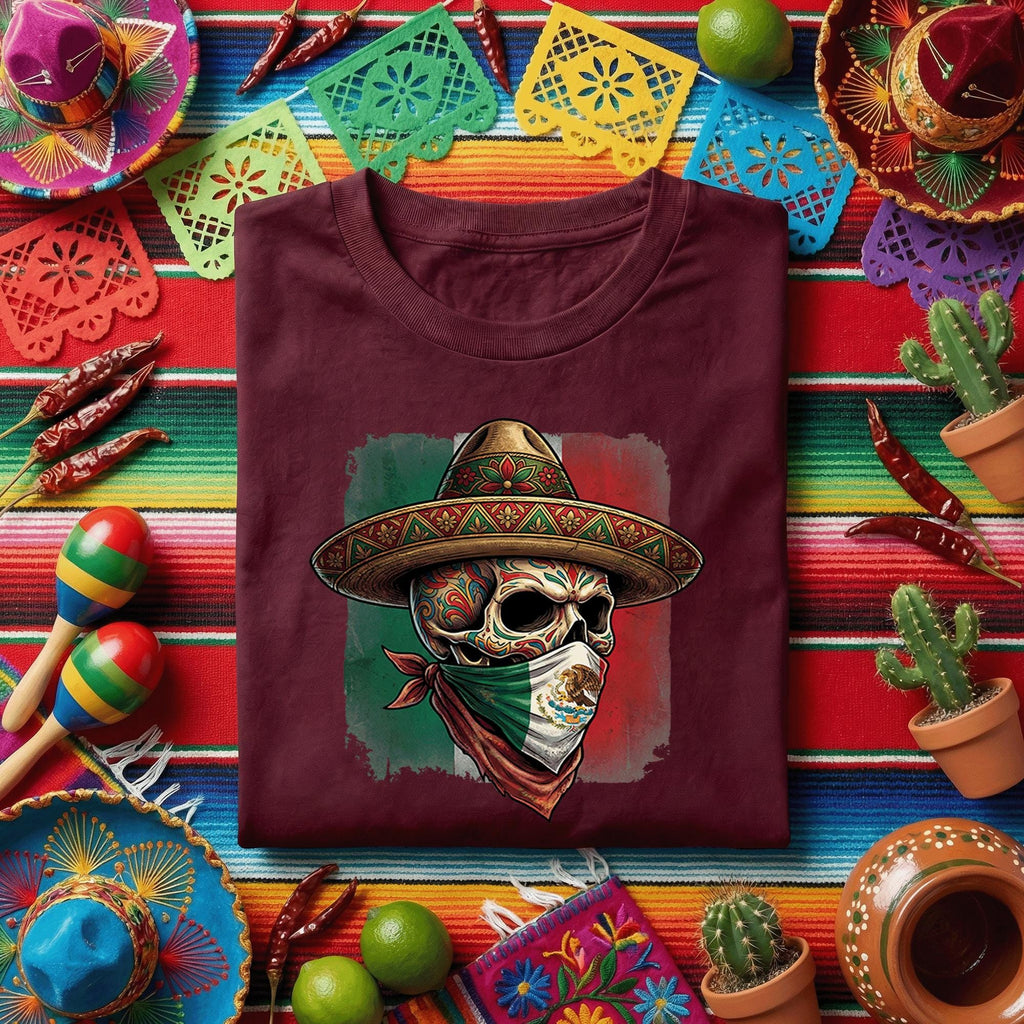 Mexican Skull Bandana Shirt Cinco De Mayo Sugar Skull Tee, Mexican Flag Skull Sombrero Shirt, Day of the Dead Fiesta Tee