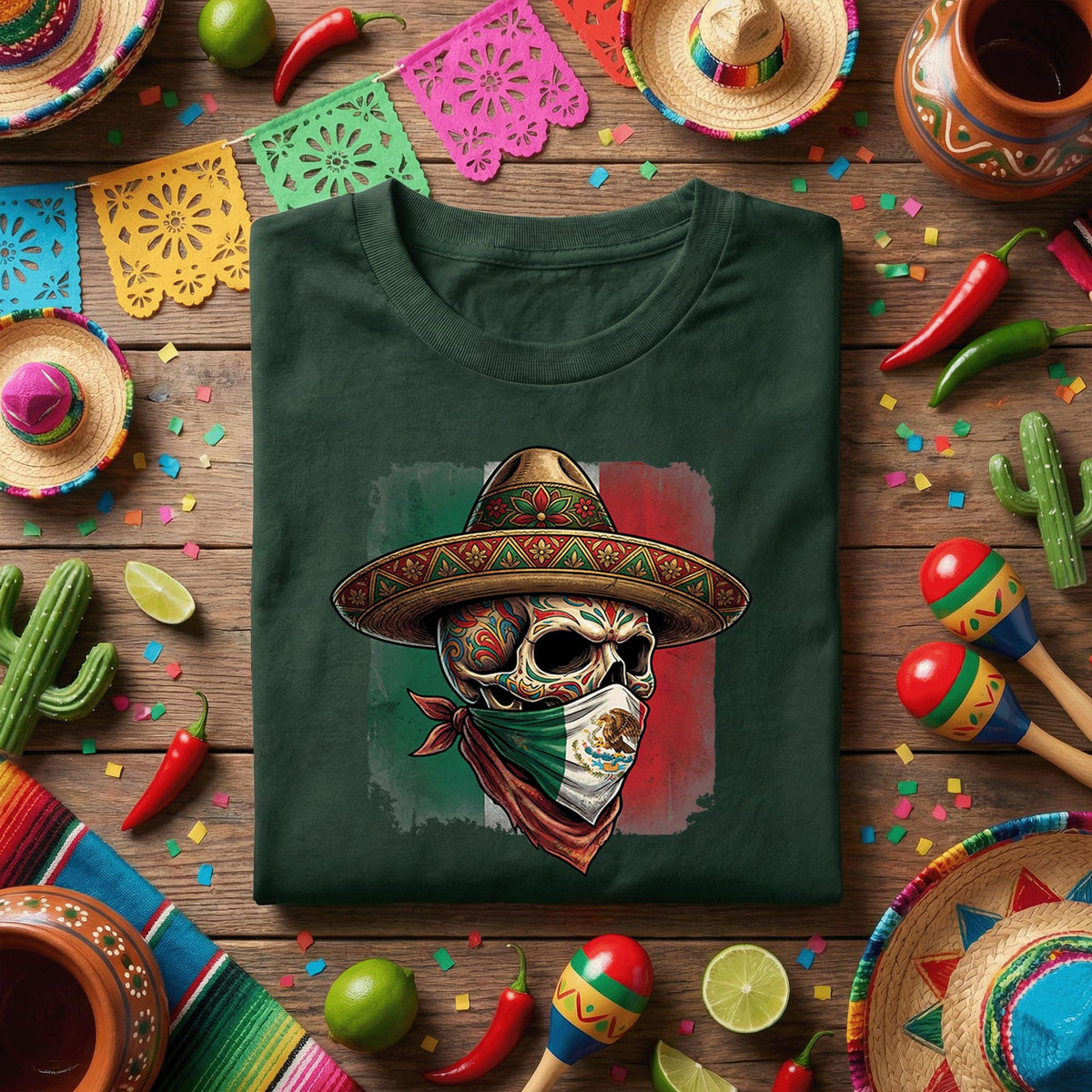Mexican Skull Bandana Shirt Cinco De Mayo Sugar Skull Tee, Mexican Flag Skull Sombrero Shirt, Day of the Dead Fiesta Tee