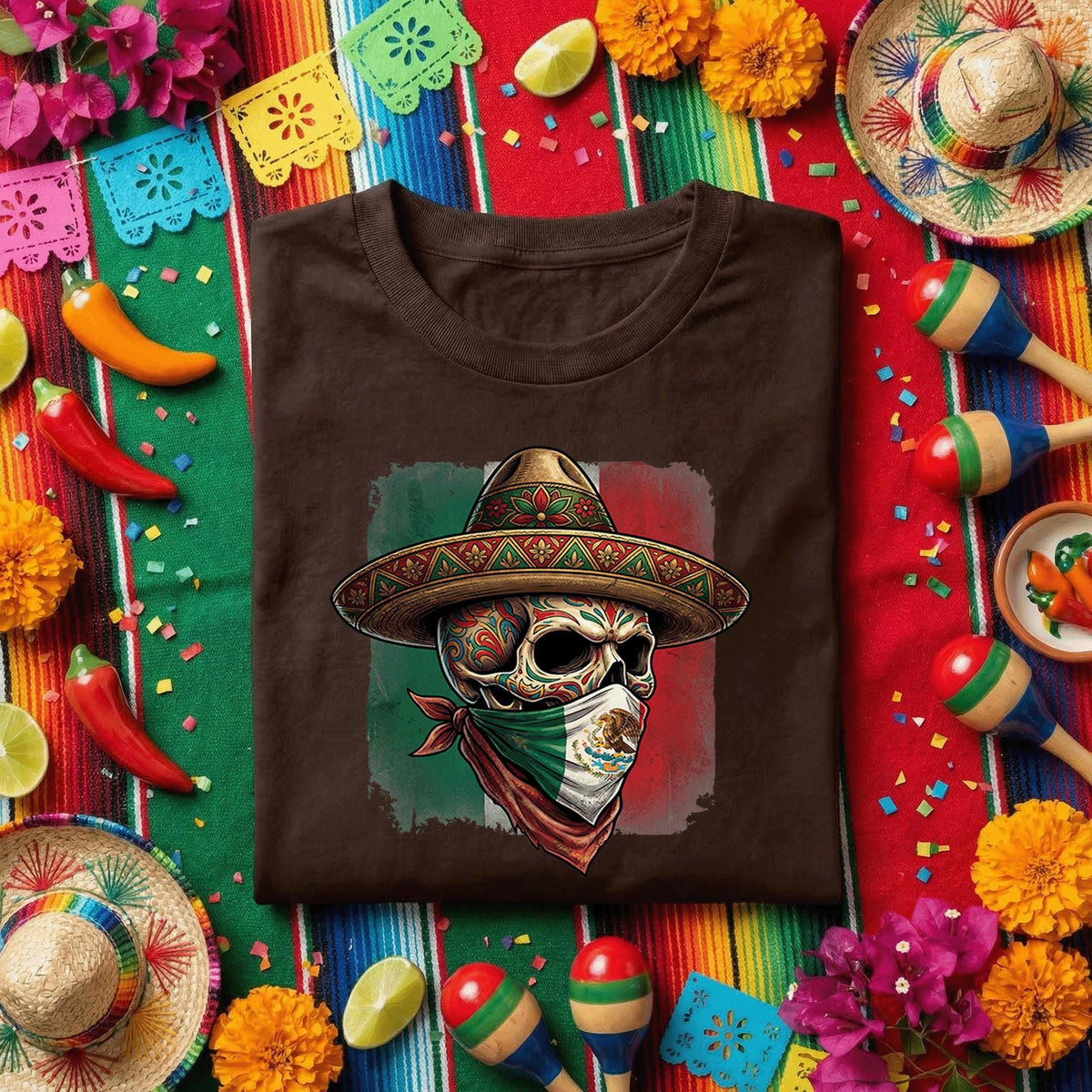 Mexican Skull Bandana Shirt Cinco De Mayo Sugar Skull Tee, Mexican Flag Skull Sombrero Shirt, Day of the Dead Fiesta Tee