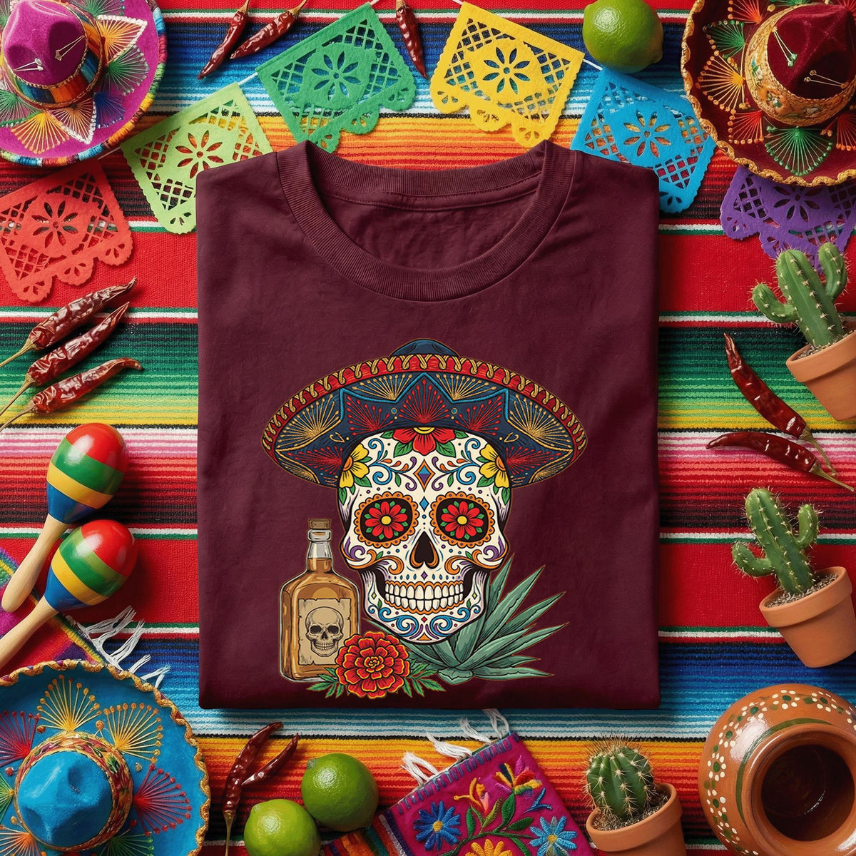 Sugar Skull Sombrero Shirt Cinco De Mayo Tequila Shirt, Day of the Dead Skull Tee, Mexican Fiesta Skull Shirt