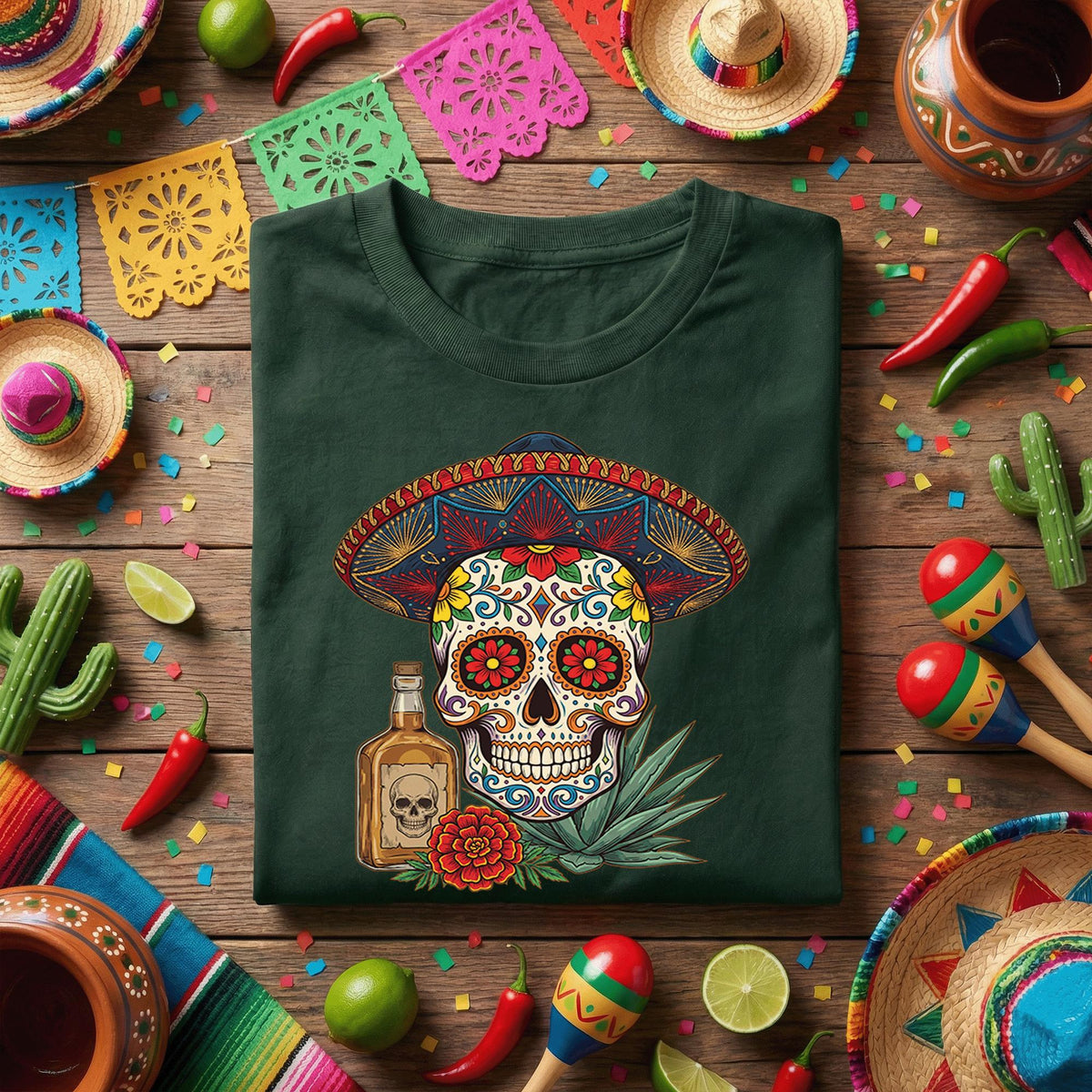 Sugar Skull Sombrero Shirt Cinco De Mayo Tequila Shirt, Day of the Dead Skull Tee, Mexican Fiesta Skull Shirt