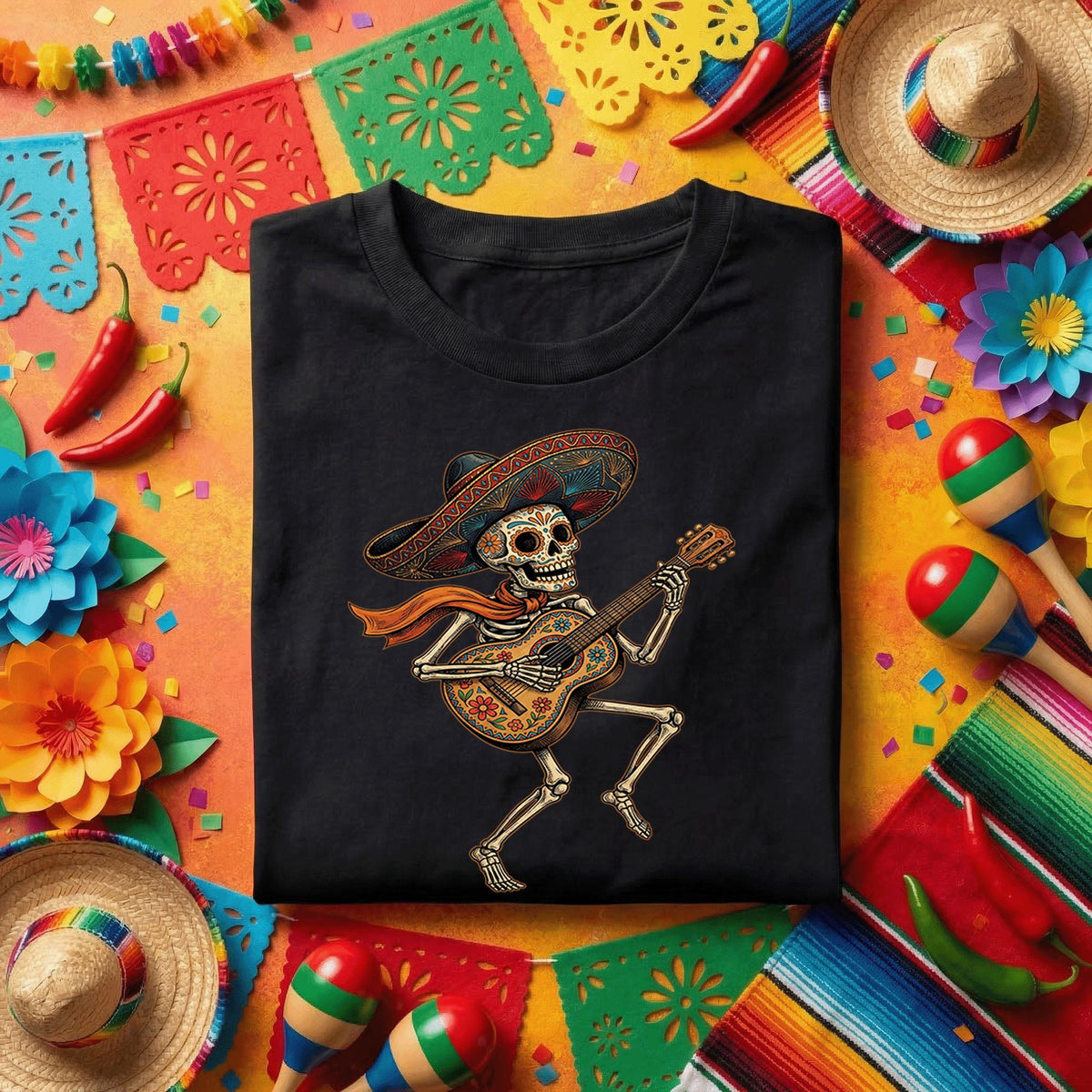 Skeleton Guitar Sombrero Shirt Cinco De Mayo Skeleton Guitarist Tee, Day of the Dead Mariachi Skull Shirt, Mexican Fiesta Music Tee